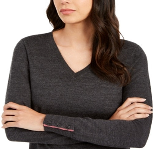 Suéter feminino de lã merino com botões e decote em V, tamanho médio, cinza