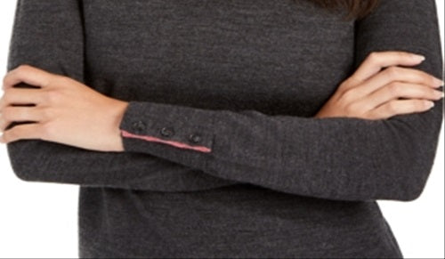Suéter feminino de lã merino com botões e decote em V, tamanho médio, cinza