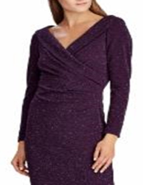 Vestido formal Ralph Lauren feminino com glitter falso, manga comprida, decote em V, abaixo do joelho, roxo, tamanho 10