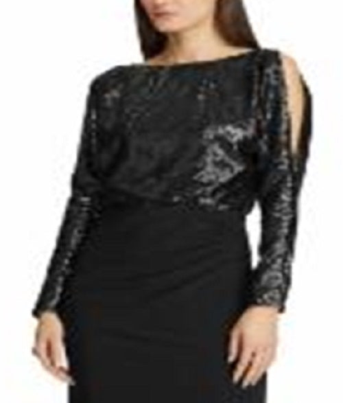 Vestido longo de festa longo com decote em joia e lantejoulas Ralph Lauren feminino, preto, tamanho 14