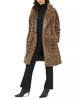 Calvin Klein Feminino Leopard Duster Faux Fur Coat Marrom Tamanho GG