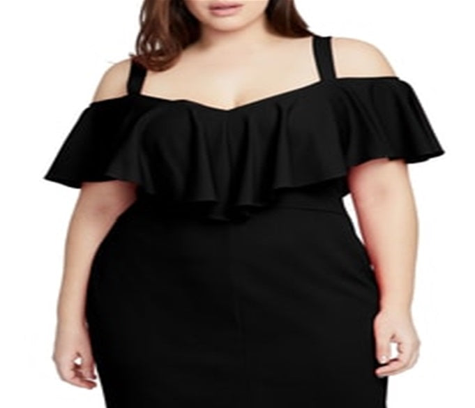 Vestido de festa feminino Rachel Roy com alças finas, ombro de fora e bainha abaixo do joelho, preto, tamanho 14W