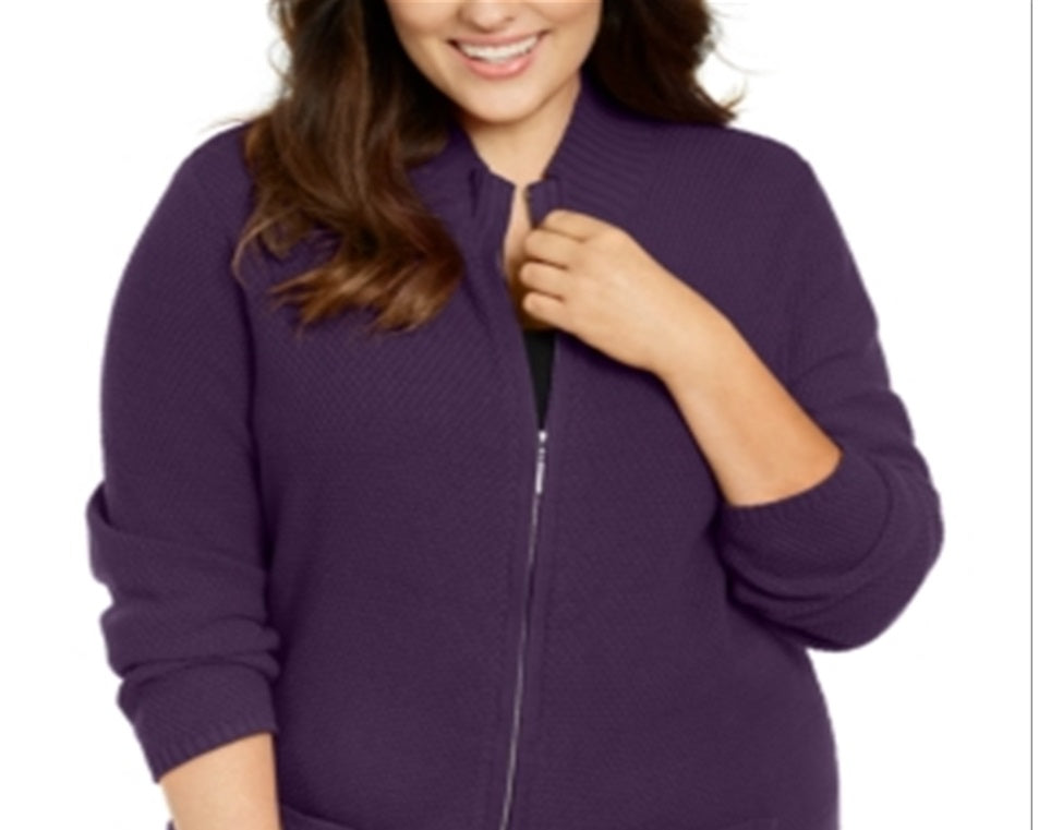 Karen Scott Suéter Feminino Plus Knit com Zíper Roxo Tamanho 2X