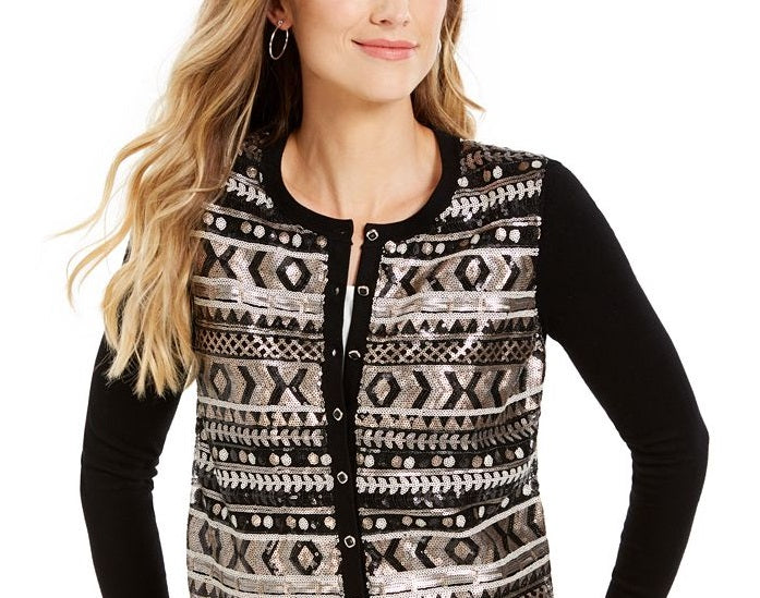 Cardigan feminino Fair Isle com lantejoulas Charter Club, preto, tamanho médio