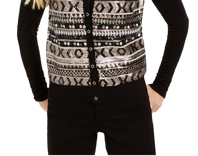 Cardigan feminino Fair Isle com lantejoulas Charter Club, preto, tamanho médio