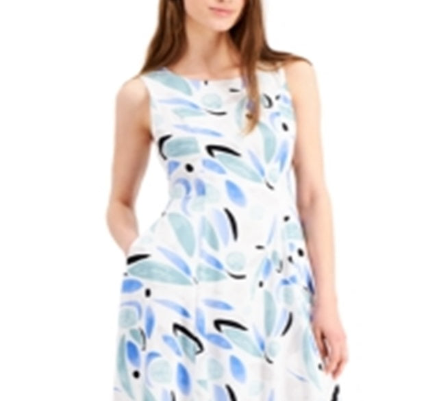 Vestido de festa feminino Alfani, sem mangas, com zíper e estampa, decote joia abaixo do joelho, ajuste evasê, azul, tamanho 14