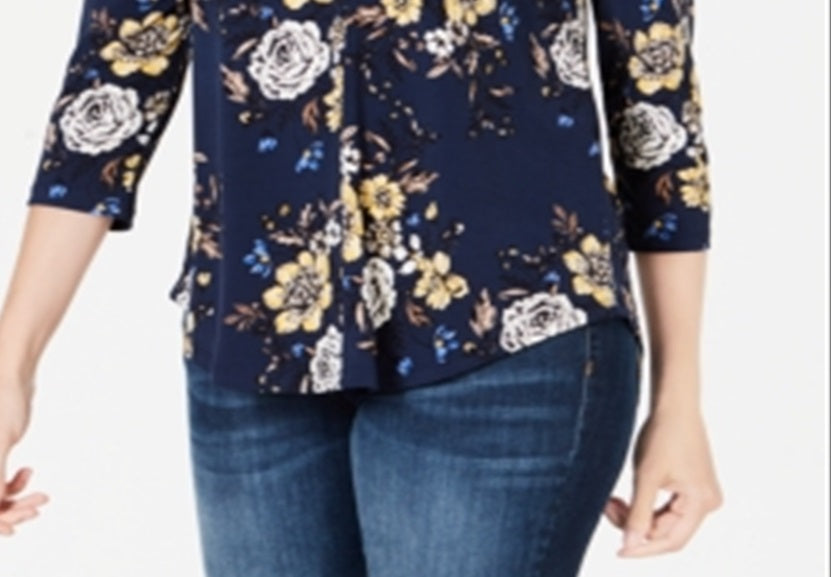 Blusa feminina Charter Club com estampa floral e decote em V, azul, tamanho médio