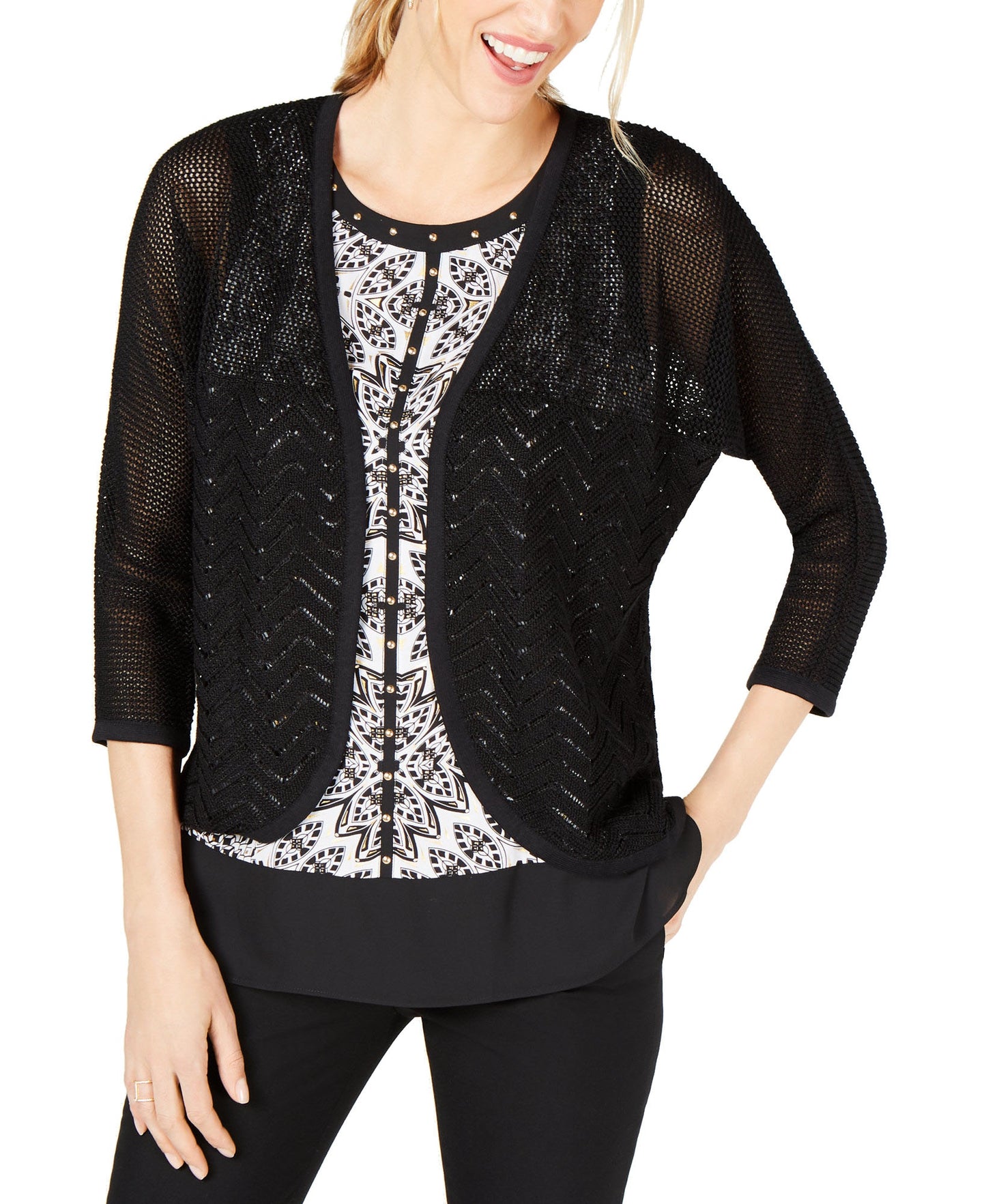 Cardigan feminino de algodão com pontos mistos JM Collection, preto profundo, tamanho XL