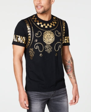 Camiseta masculina com estampa barroca e detalhes em folha da Inc International Concepts - Preto profundo, tamanho P