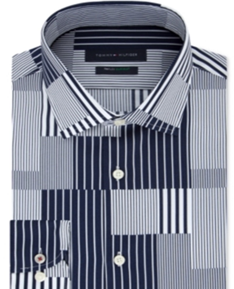 Camisa social Tommy Hilfiger Slim Fit Th Flex sem passar roupa Supima Stretch Patchwork azul tamanho 34x35
