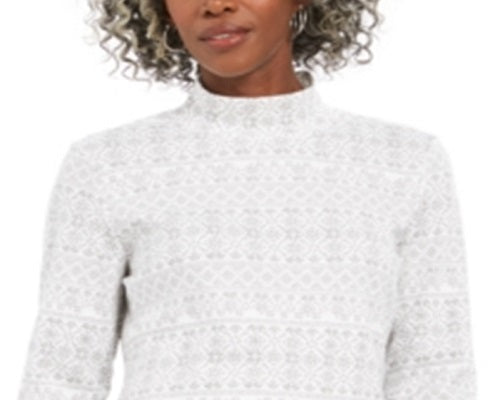 Karen Scott Feminino Fair Isle Estampado Mock Neck Top Branco Tamanho Pequeno Pequeno