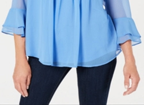 Charter Club Blusa feminina com babados duplos e pregas lisas, azul, tamanho 2XL