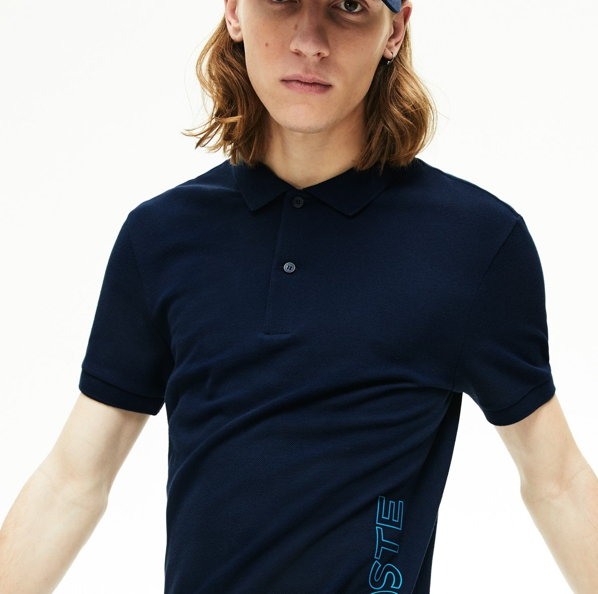 Camisa polo masculina de algodão da marca Lacoste, azul, tamanho 7