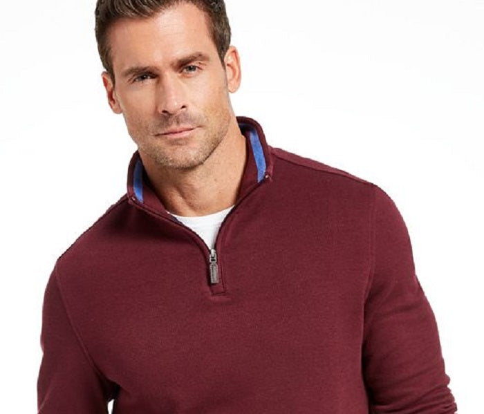 Suéter masculino Club Room com zíper de um quarto e canelado francês, vermelho, tamanho extragrande