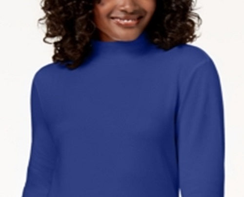 Karen Scott Blusa de algodão com gola alta e manga comprida feminina, azul, tamanho pequeno