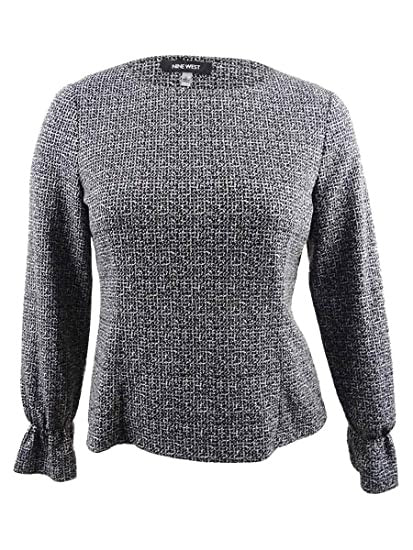 Top feminino Nine West com decote em V e manga curta, cinza, tamanho P