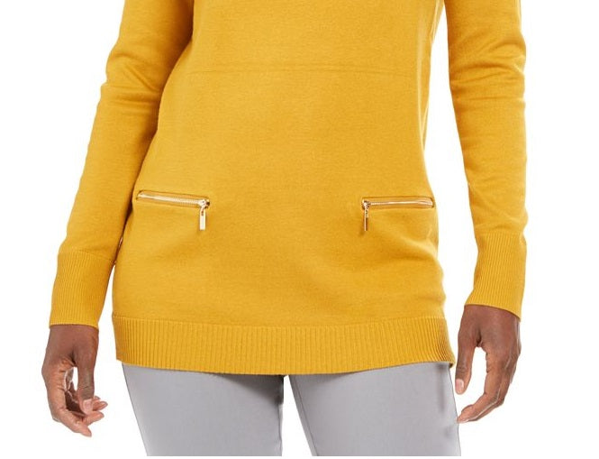 JM Collection Suéter Feminino com Bolso e Zíper, Gola Redonda, Amarelo, Tamanho Pequeno, Extra Grande