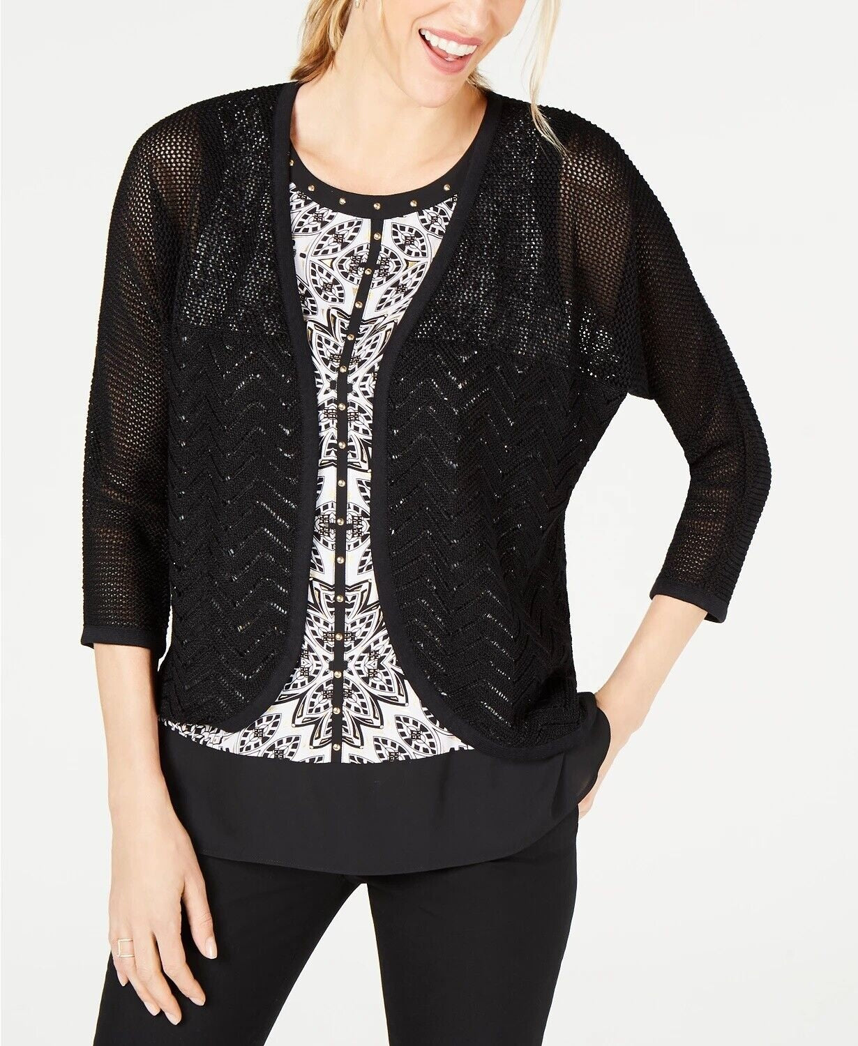 Cardigan feminino JM Collection de algodão com pontos mistos, tamanho pequeno, tamanho extragrande, branco