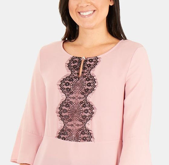 Blusa peplum feminina NY Collection com manga 3/4 e acabamento rosa, tamanho pequeno