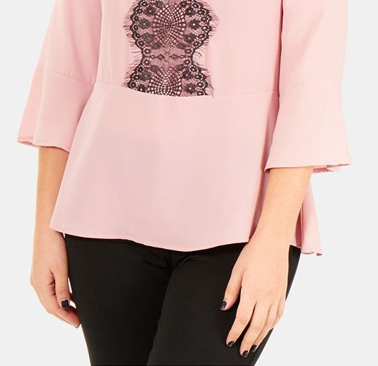 Blusa peplum feminina NY Collection com manga 3/4 e acabamento rosa, tamanho pequeno