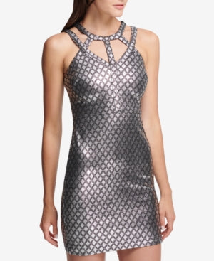Vestido curto sem mangas Guss feminino prateado com decote gaiola metálico e corpo inteiro prateado tamanho 14