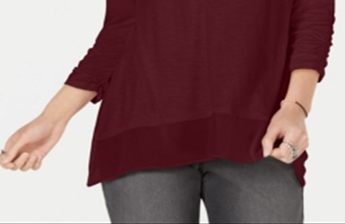 Blusa feminina de manga comprida com decote em V, tamanho PP, vinho