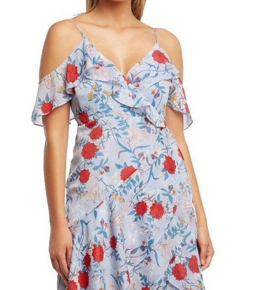 Vestido Bardot Feminino Floral Manga Curta Gola V Comprimento Chá Hi Lo Azul Tamanho XS