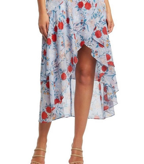 Vestido Bardot Feminino Floral Manga Curta Gola V Comprimento Chá Hi Lo Azul Tamanho XS