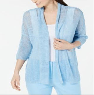 Suéter quimono feminino Alfani em mistura de linho com ponto aberto, azul, tamanho X-S