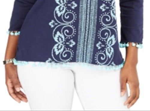 Túnica feminina Charter Club de algodão bordada com decote dividido, azul, tamanho XX-G