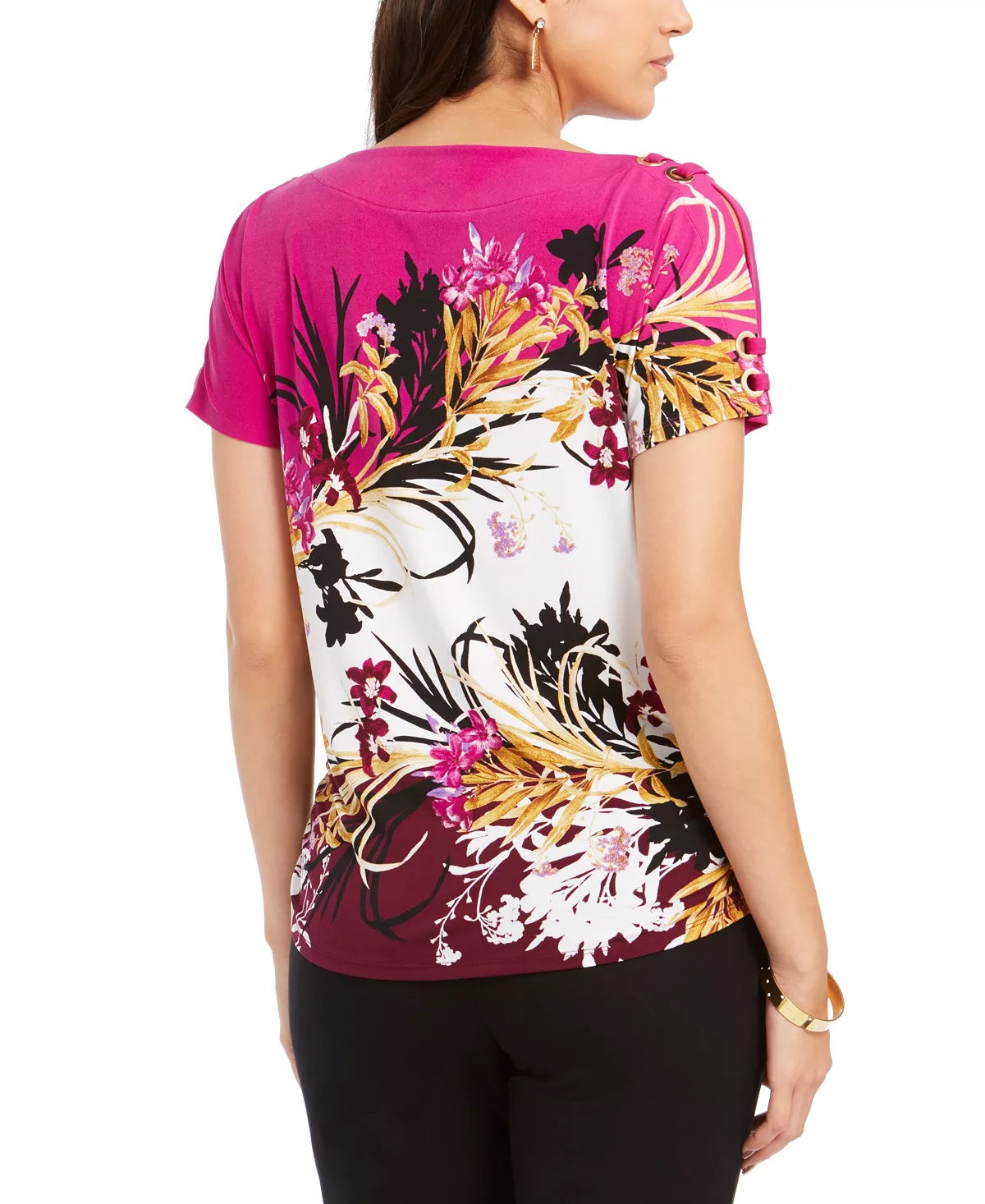 JM Collection Top feminino estampado com cadarço rosa tamanho grande