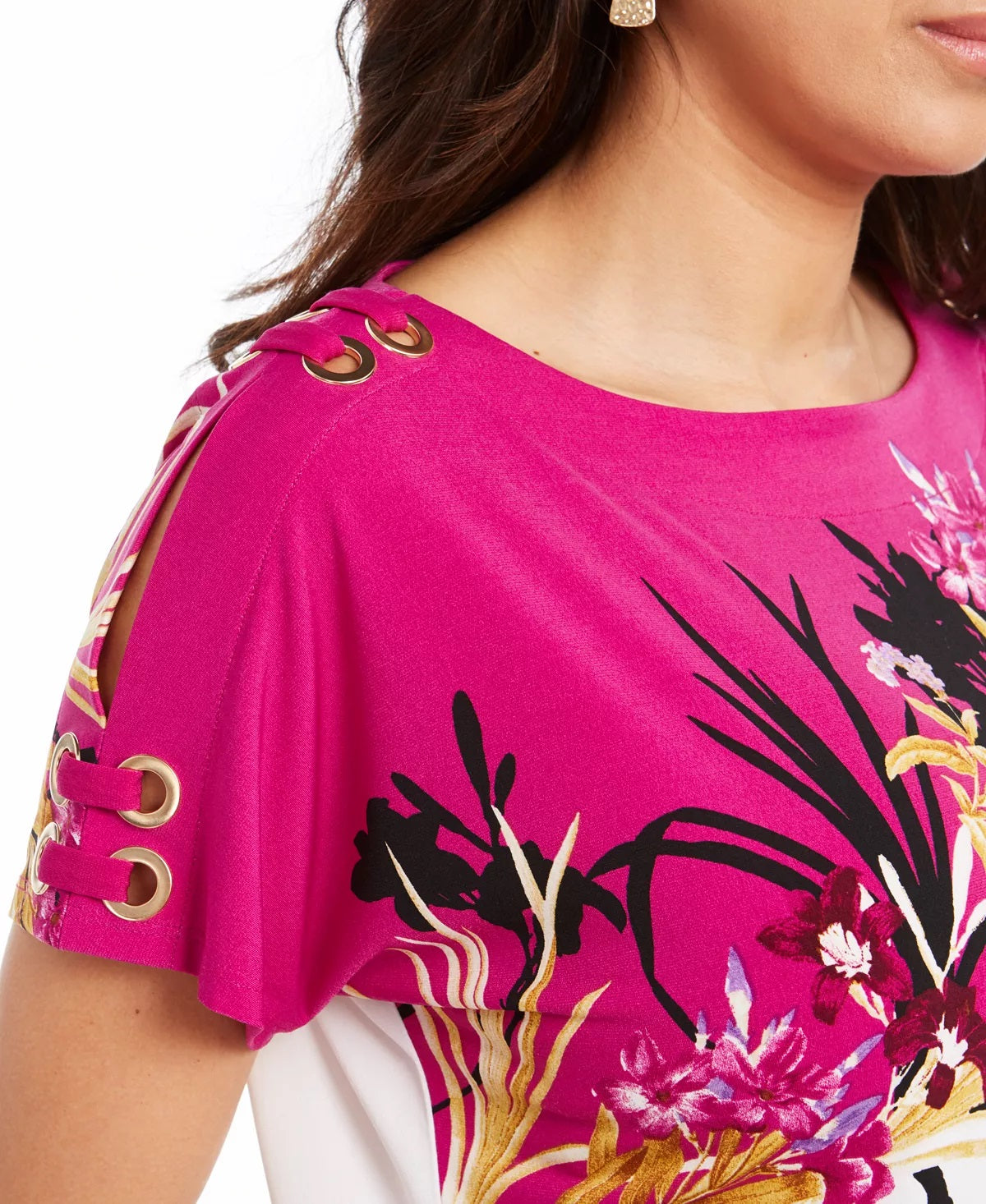JM Collection Top feminino estampado com cadarço rosa tamanho grande