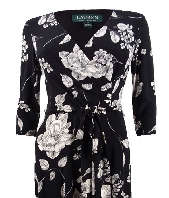 Vestido midi casual com sobrepeliz floral Ralph Lauren feminino, preto, tamanho 2