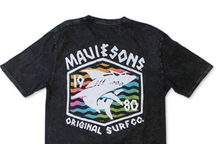 Camiseta masculina Maui and Sons Surf Thrasher com estampa gráfica e logotipo, preta, tamanho pequeno