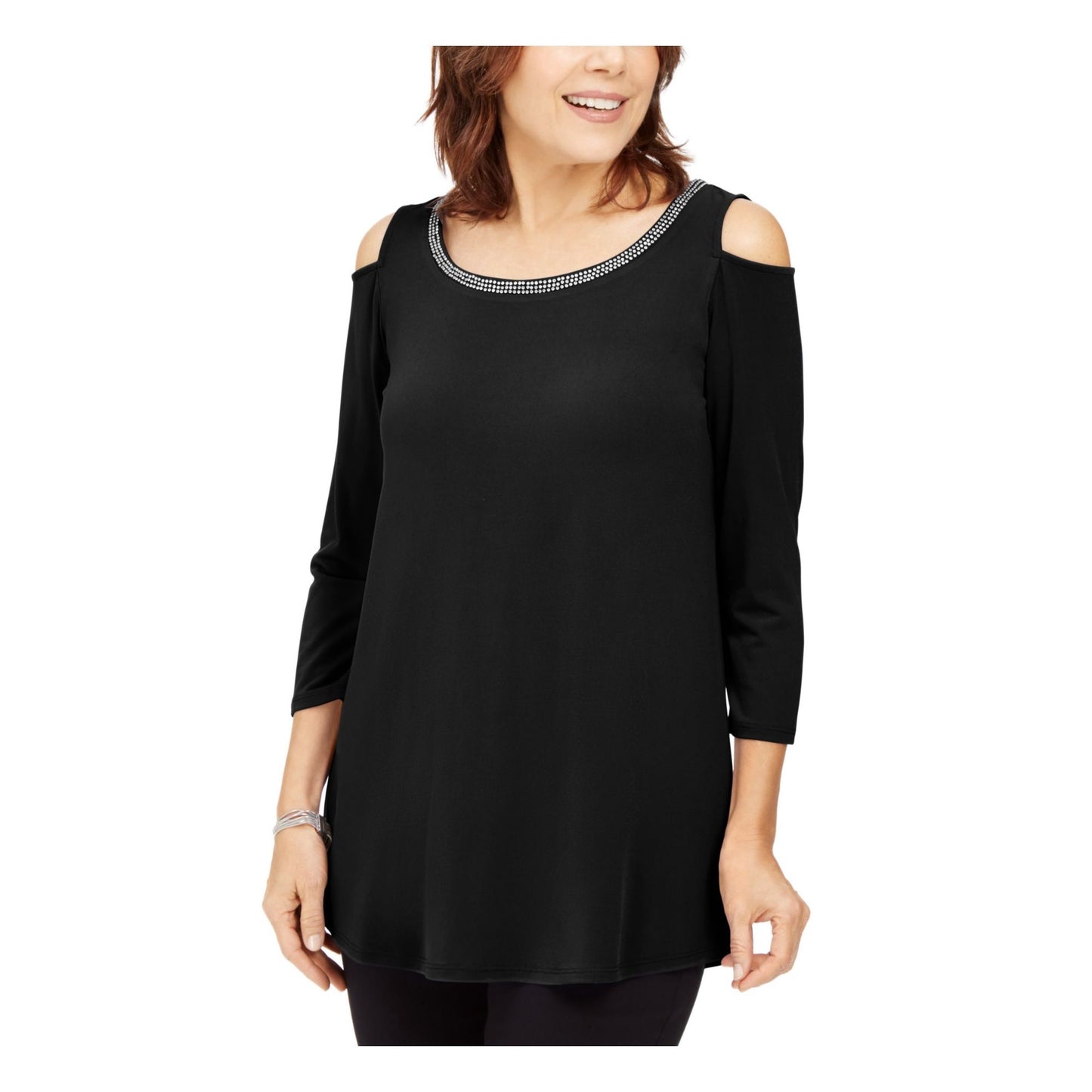 Top feminino com manga 3/4 e decote profundo, preto, tamanho G, da coleção JM