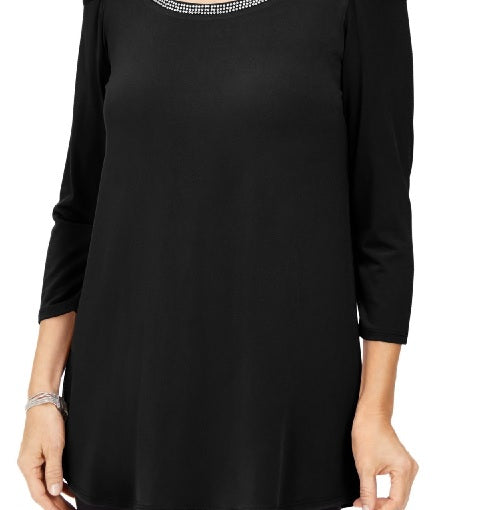 Top feminino com manga 3/4 e decote profundo, preto, tamanho G, da coleção JM