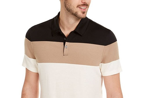 Camisa polo Alfani masculina com listras verticais e colorblock, marrom, tamanho pequeno