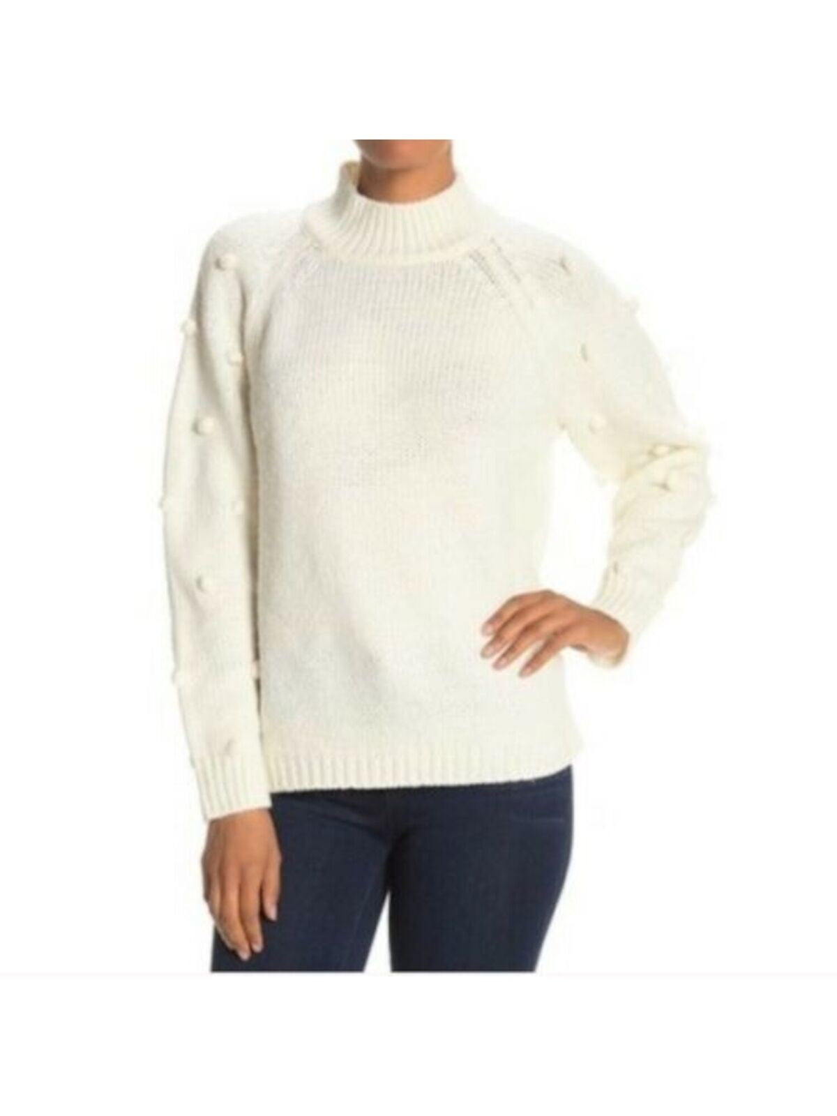 Suéter feminino CeCe com gola alta e manga contrastante, branco, tamanho XS