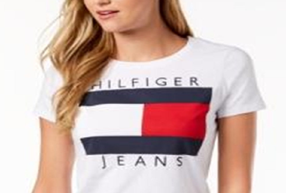 Camiseta feminina Tommy Hilfiger de algodão com logotipo bordado, branca, tamanho 2XL