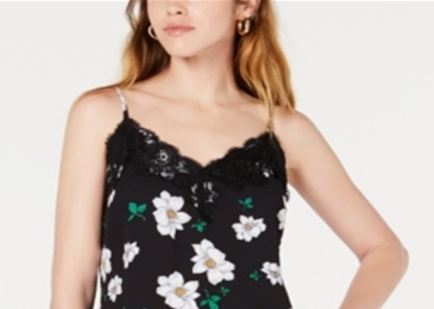 Regata feminina Bar III com alças finas e renda floral, preta, tamanho grande