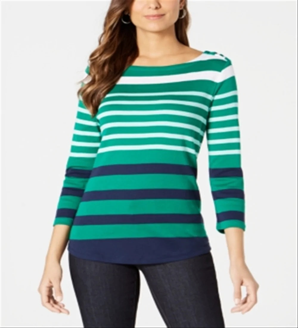 Charter Club Blusa feminina listrada de algodão Pima com botões e ombros de fora Killala Green Combo Green Tamanho XL
