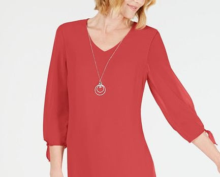 Vestido feminino com mangas amarradas e colar, tamanho pequeno, vermelho, JM Collection
