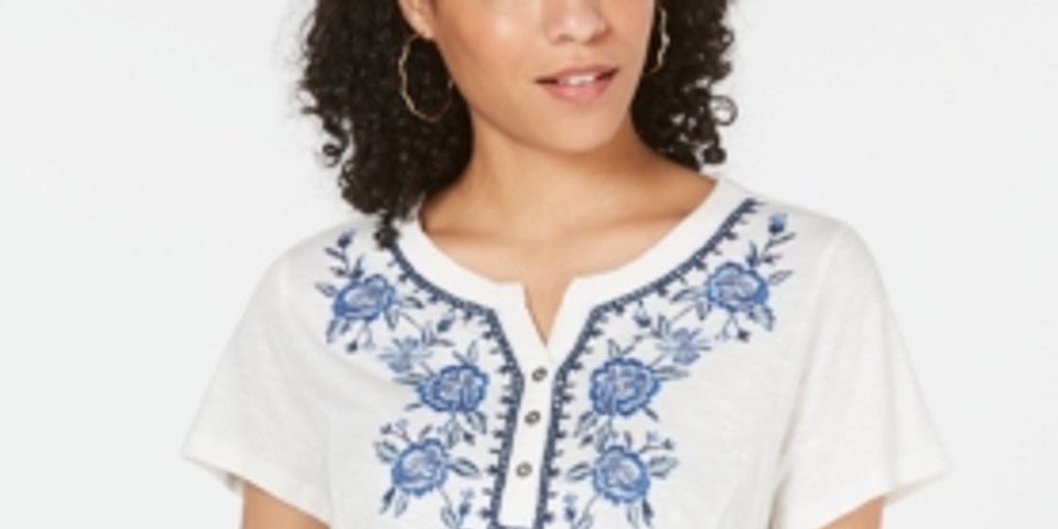 Blusa feminina branca com estampa floral e botões, manga curta, tamanho M, da Style Company