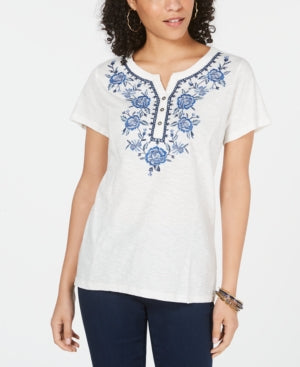 Blusa feminina branca com estampa floral e botões, manga curta, tamanho M, da Style Company