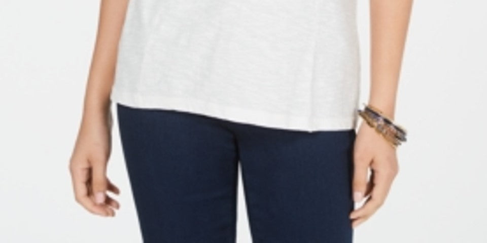 Blusa feminina branca com estampa floral e botões, manga curta, tamanho M, da Style Company