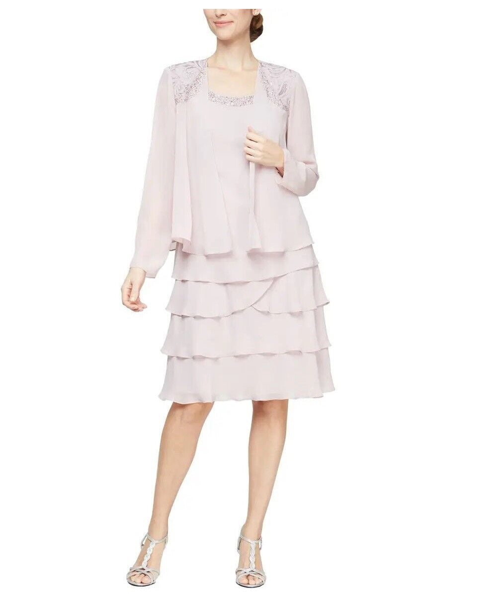 Jaqueta feminina SL Fashions com 2 peças e frente aberta e vestido em camadas e flare, tamanho champanhe 6