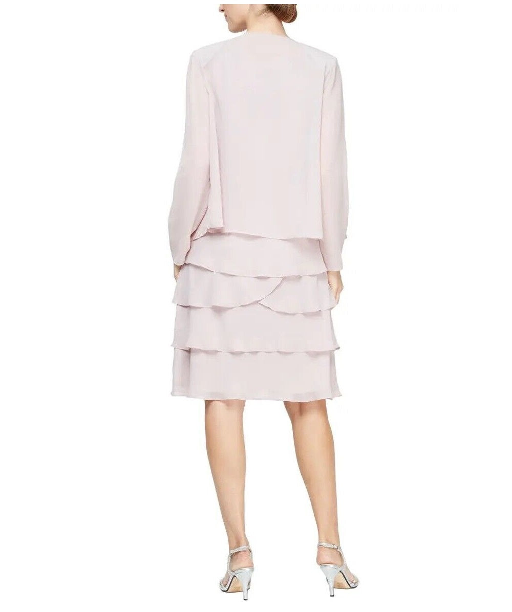 Jaqueta feminina SL Fashions com 2 peças e frente aberta e vestido em camadas e flare, tamanho champanhe 6