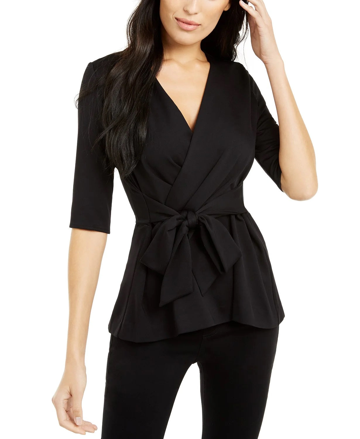 Top Alfani Feminino Petite com Manga Cotovelo e Envoltório Sintético, Preto, Tamanho Petite G