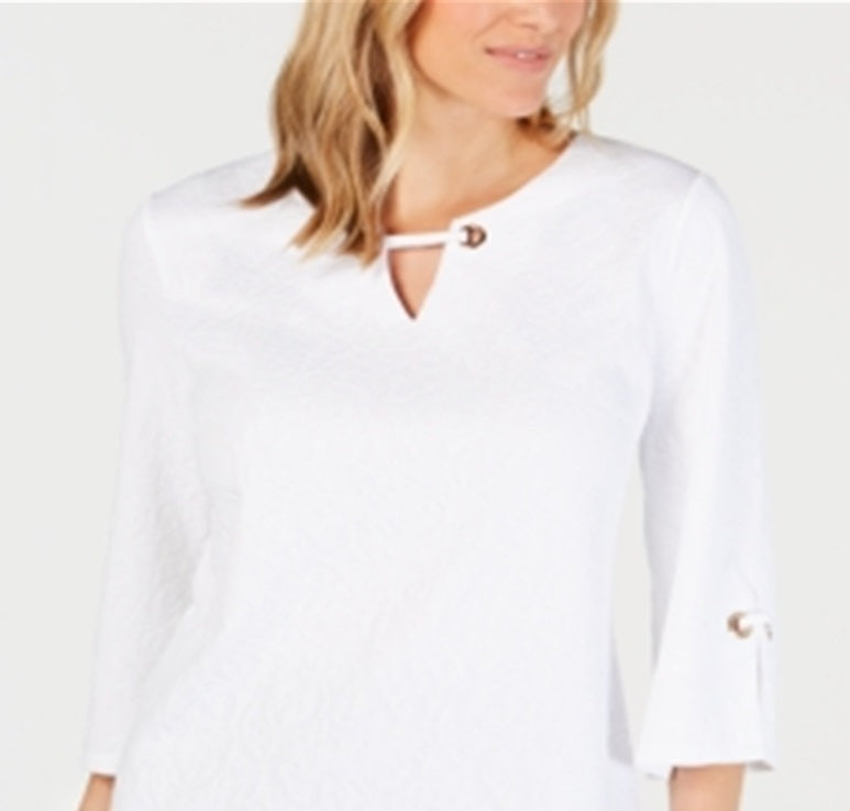 Top feminino com ilhós texturizados e decote em V, tamanho XS, branco, da coleção JM