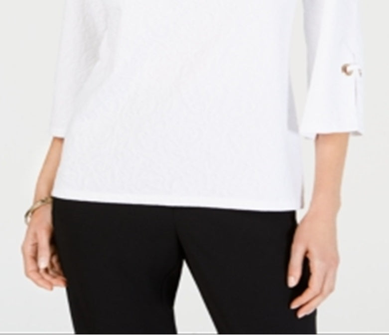 Top feminino com ilhós texturizados e decote em V, tamanho XS, branco, da coleção JM